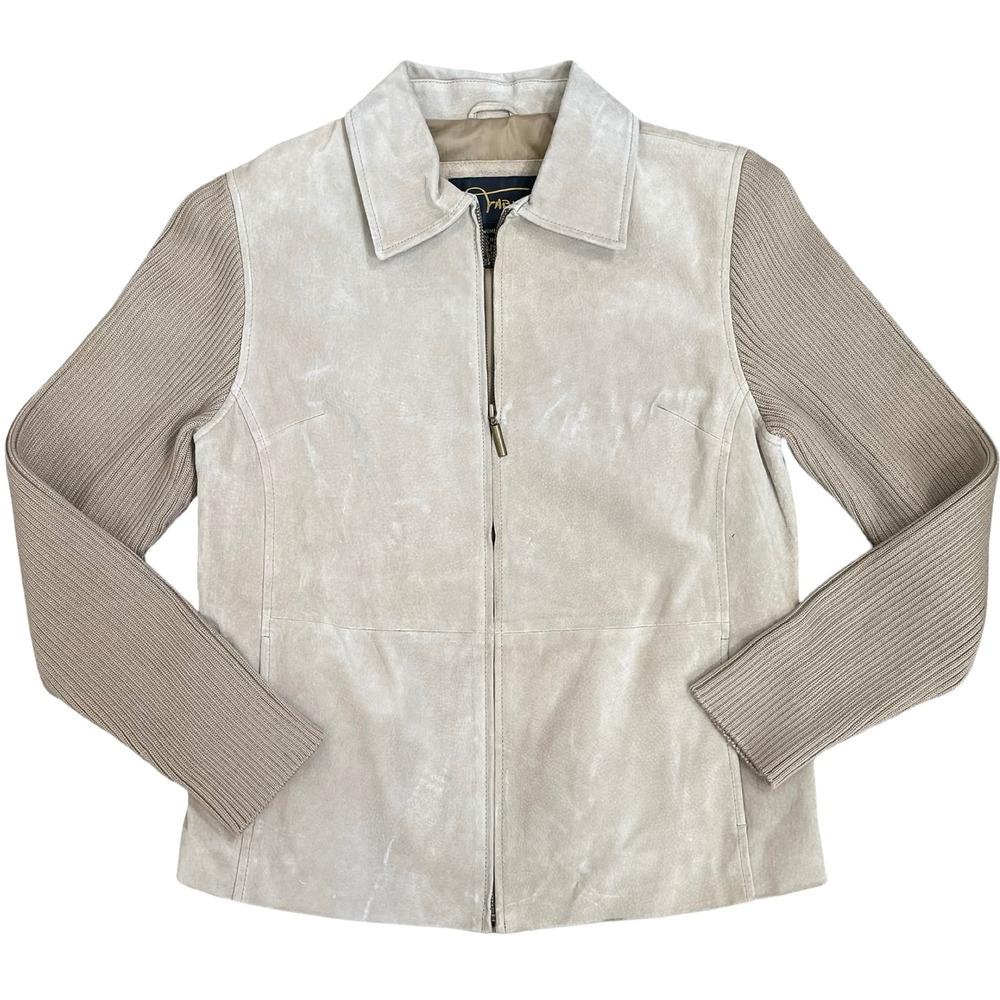 Vintage Fabio Tan Beige‎ Suede Jacket Knit Sleeves L Zip Up Y2K 90s Boho Chic